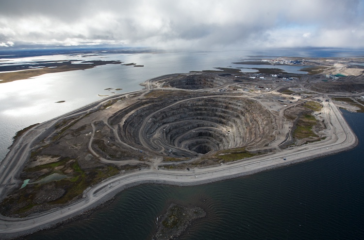An aerial view of the Diavik diamond mine shows off those kimberlite pipes.