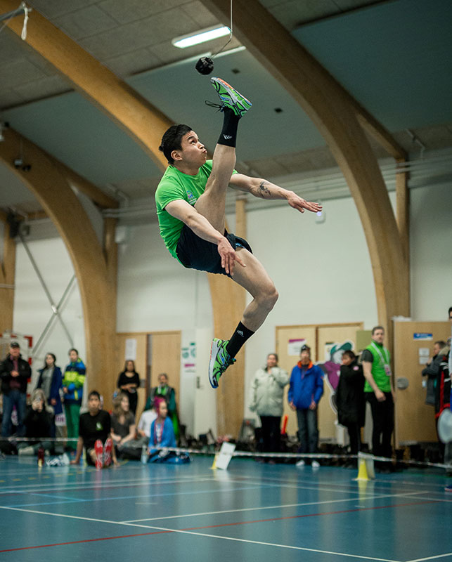 The one-foot high kick competition in Nuuk, Greenland in 2016. The games record is 2.9 metres. Photo: Mads Phil/ Visit Greenland.