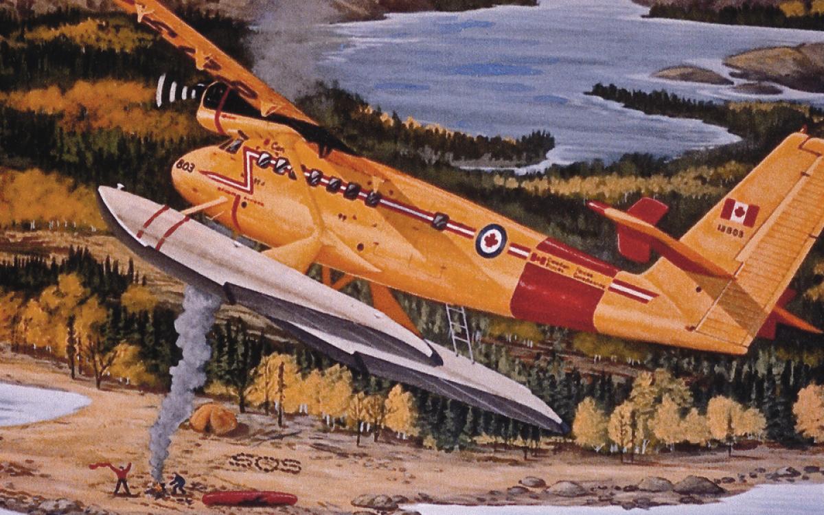 For some, the plane is a muse; for others, it is a saviour, as depicted here in Wally Wolfe's "Found at last."