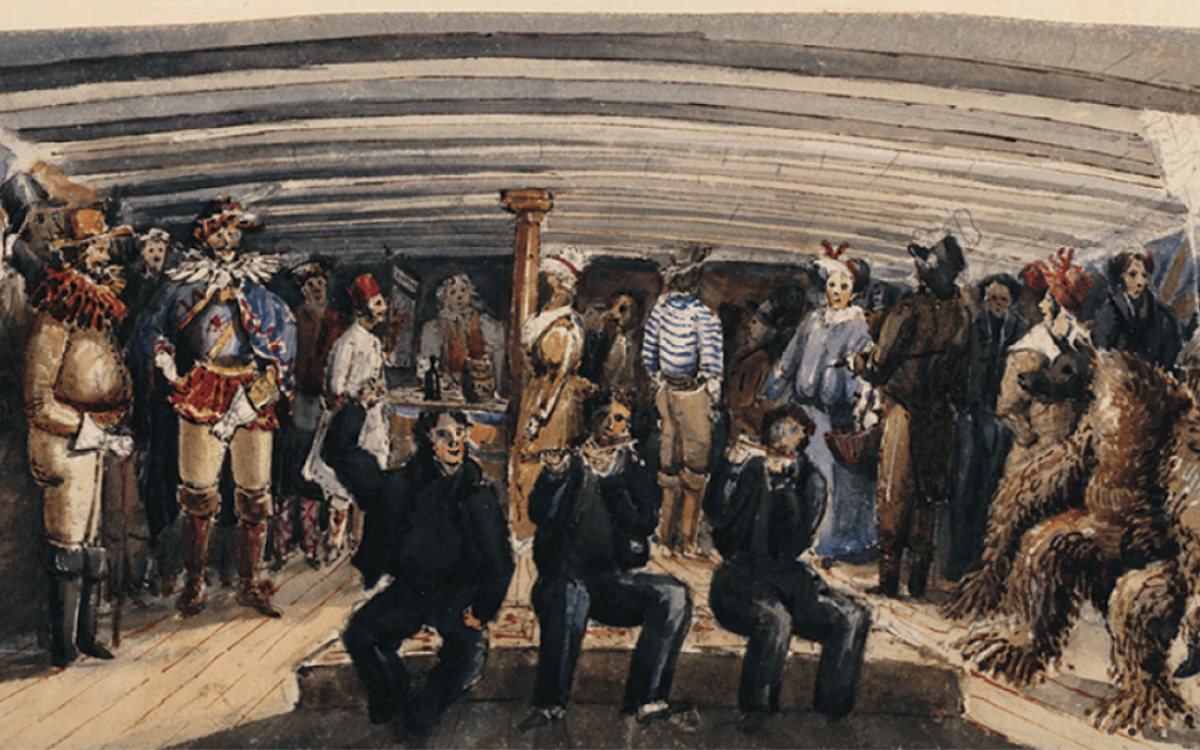 Captain Owen Stanley’s watercolour painting ‘Arctic Amusements’ captures the revelry of Christmas aboard HMS Terror in 1836.