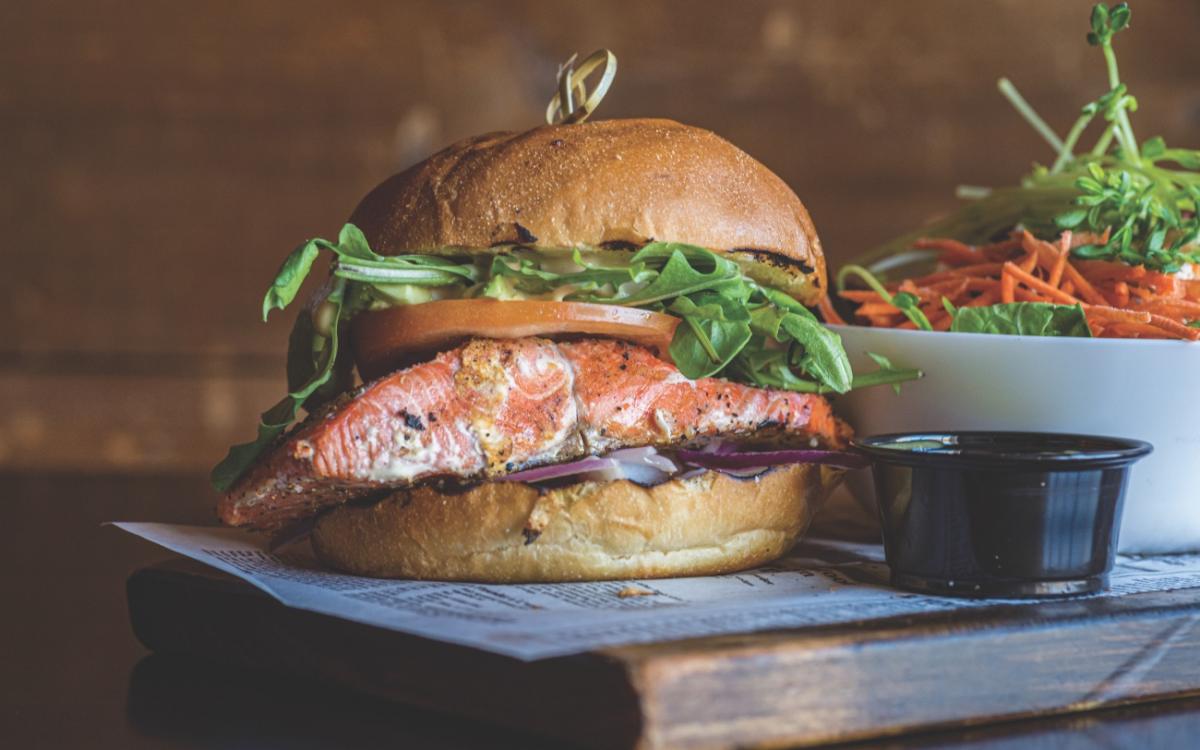  succulent Wild Alaskan Salmon burger from The Dirty Northern Public House, in downtown Whitehorse.