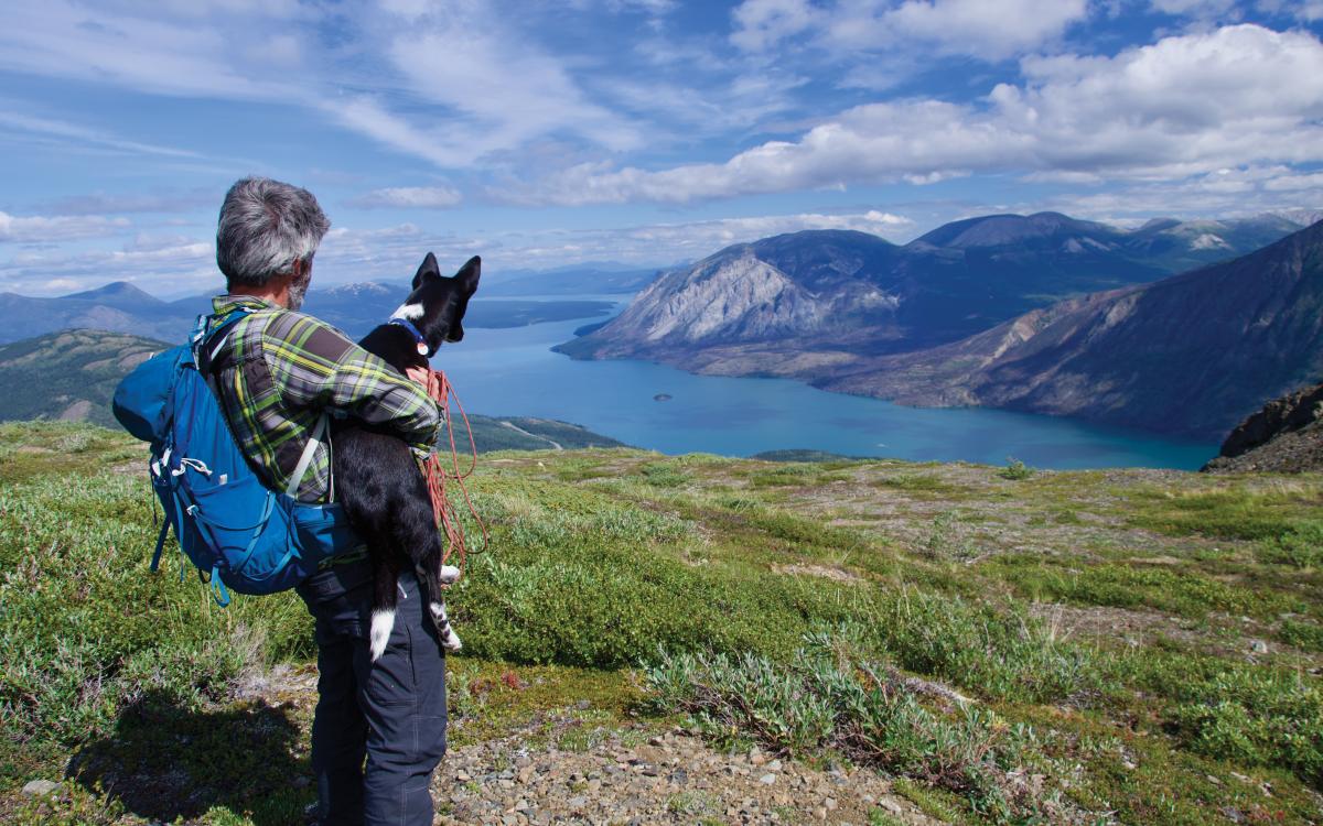 Juniper looks out at rivers and mountains. 