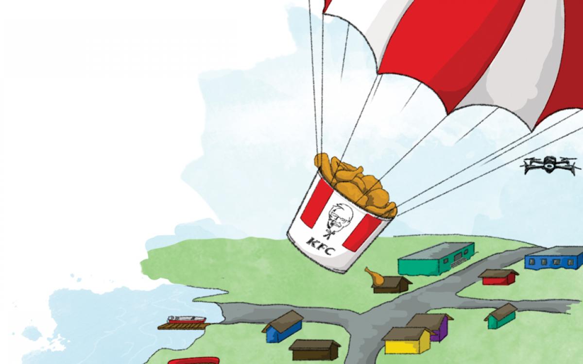 Flying in fast food. Illustration by Beth Covvey