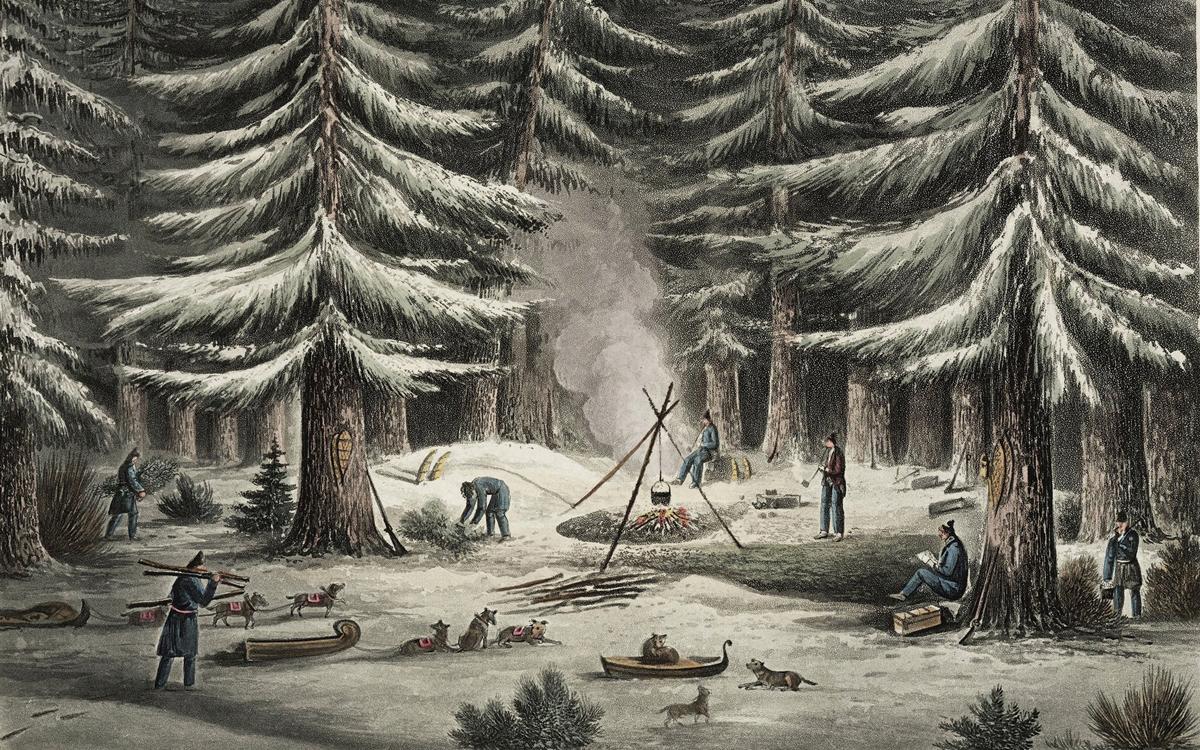 In a drawing by explorer George Back, a band of British adventurers bunk down in the wintery north woods. Institute for Northern Studies Fonds, University of Saskatchewan Archives