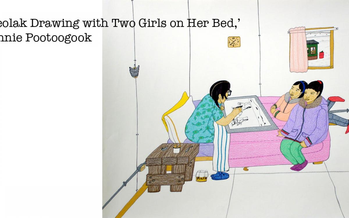 Pitseolak Drawing with Two Girls on Her Bed, 2006 Coloured pencil and ink on paper 51 x 66 cm. Private collection. 