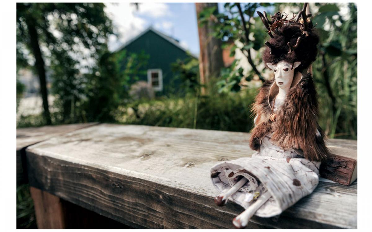 Caribou Girl: her vest is made from beaver fur trapped locally and bought from the Trading Post in Dawson City. Lichen around the antlers was collected from the Dempster Highway. All photos by Hannah Eden