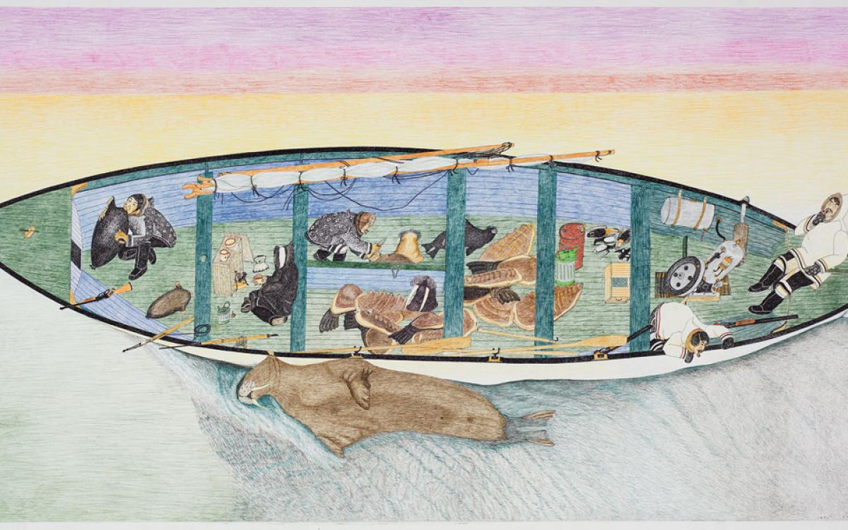 Kananginak Pootoogook, Untitled (Successful Walrus Hunt), 2009. Colored pencil, ink, paper, 48 x 96 in. (121.9x243.8 cm). © Estate of Kananginak Pootoogook. 