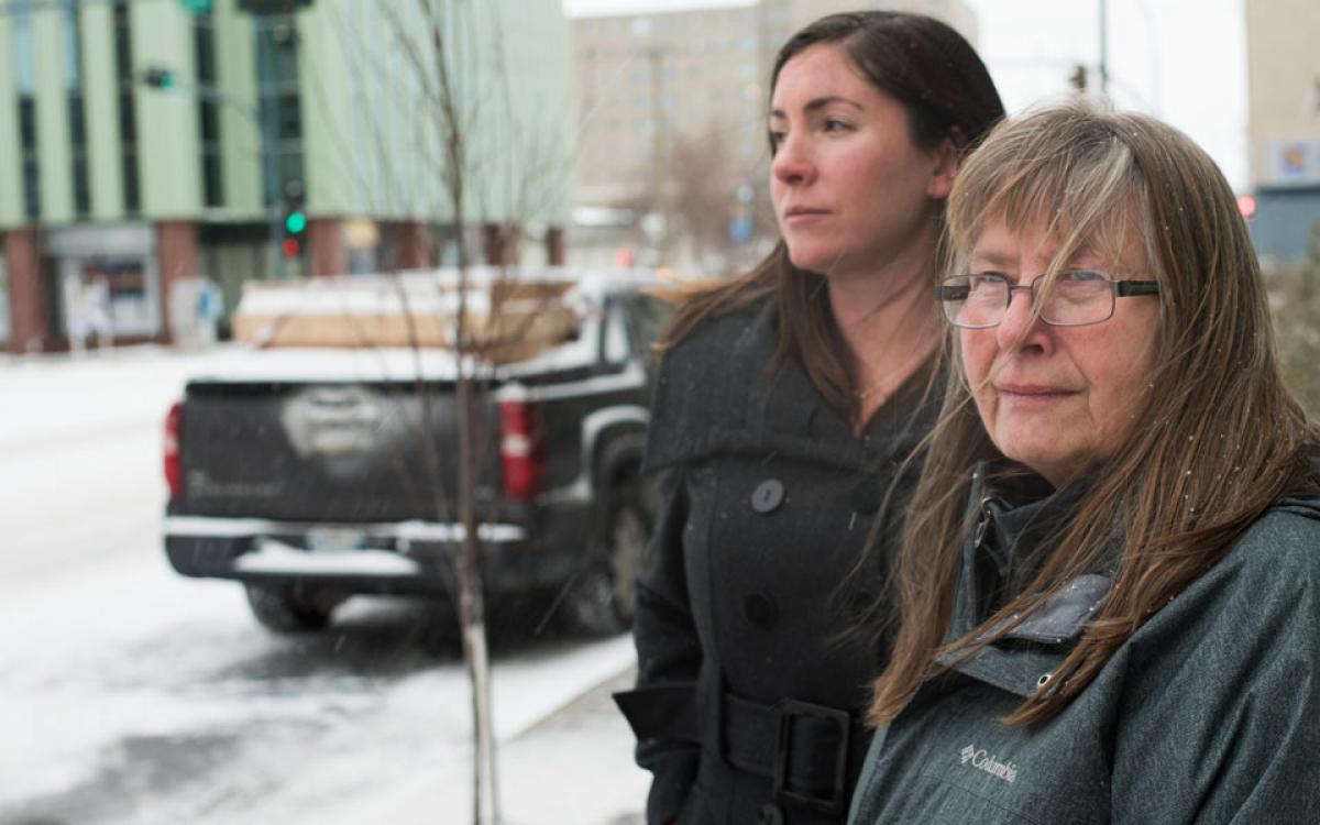 The Yellowknife Women’s Society’s current executive director, Bree Denning, left, and former executive director, Arlene Hache, in downtown Yellowknife. 