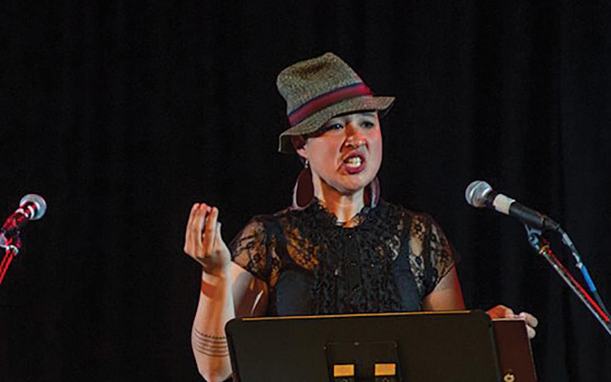 MADAME PRESIDENT: Laakkuluk Williamson Bathory performs her inaugural speech as the president of Hans Island. Photo by Ed Maruyama