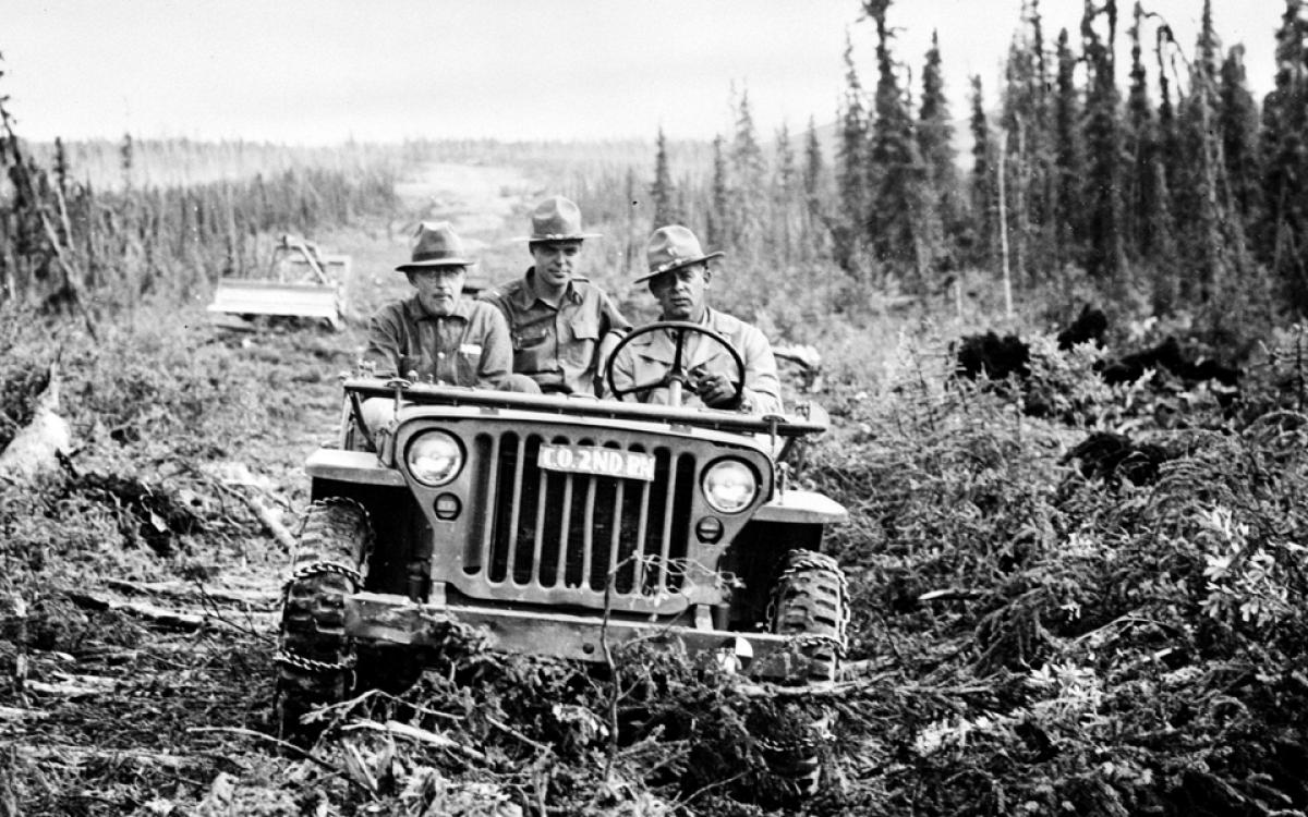Alaska Highway, 1942. The first vehicle to traverse the Alaska Highway was a U.S. Army jeep. Library Oof Congress, Prints & Photographs Division, FSH/OWI Collection, LC-USW 33-000941-ZC