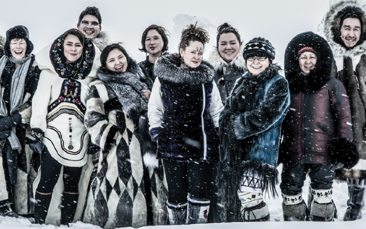 The cast and crew of Kiviuq Returns. The play was performed on theatre stages in southern Canada—and scaled down in school gyms in Nunavut. 