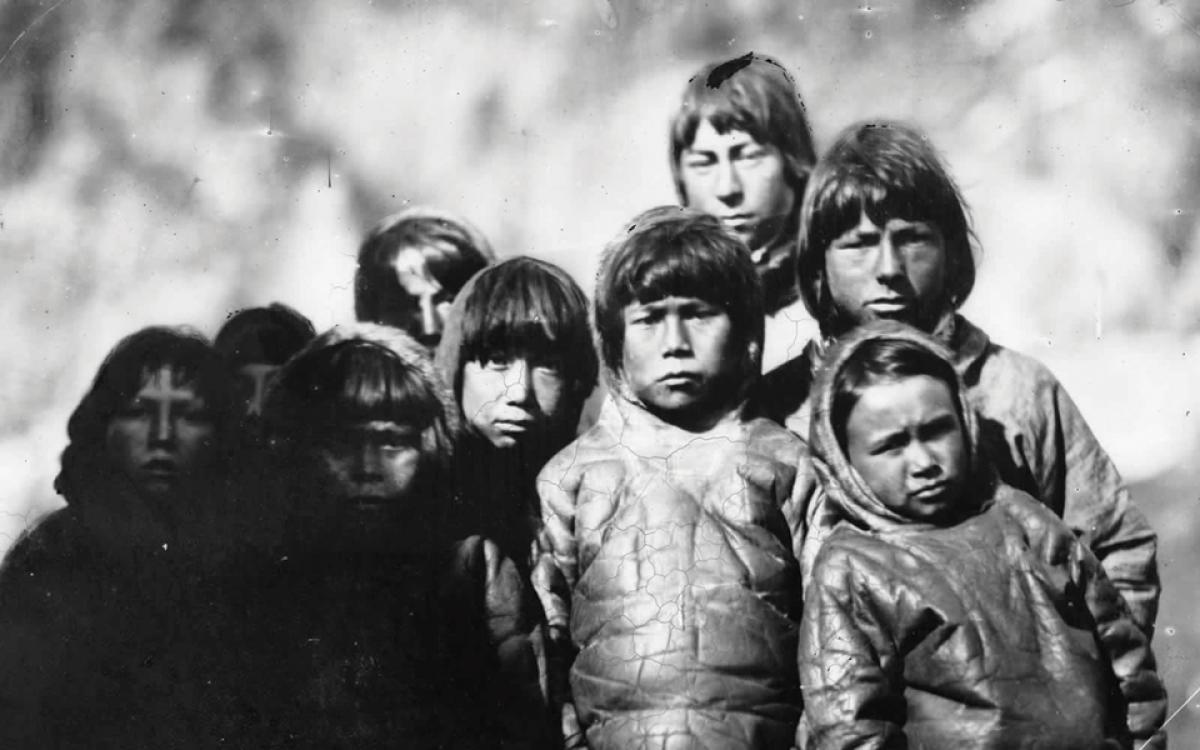 A gang of Inuit boys posing for Commander Inglefield near Baffin Island. National Maritime Museum-G4266