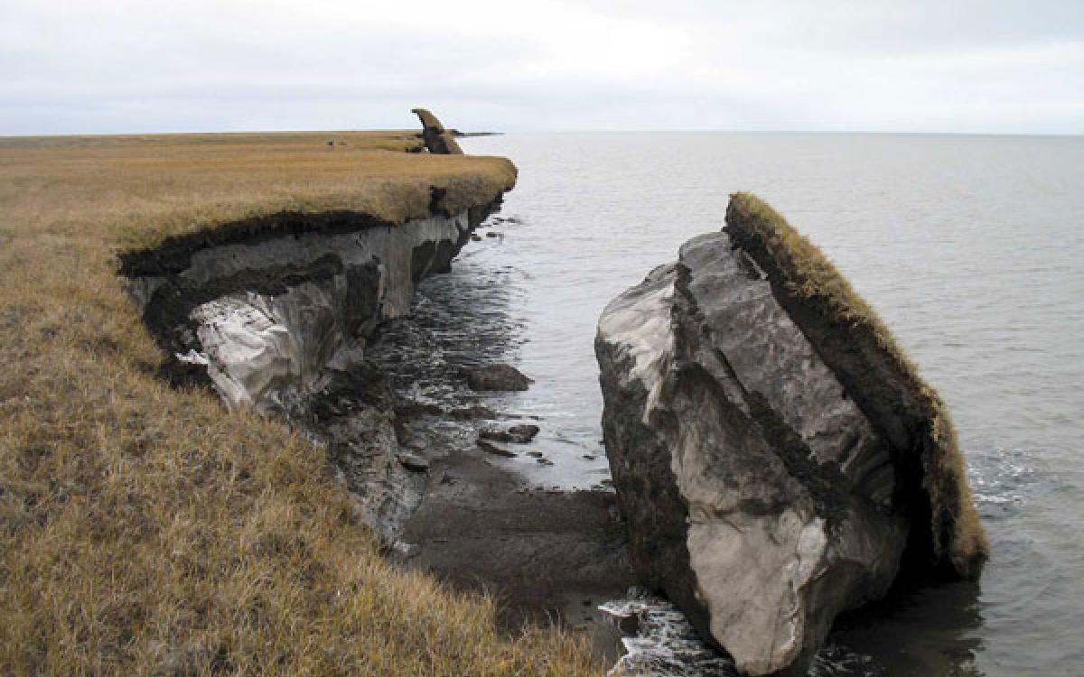 That's the way the coast crumbles: A collapsed block of permafrost on the coast of Alaska, releasing stored carbon from frozen decomposing organic matter into the water. 