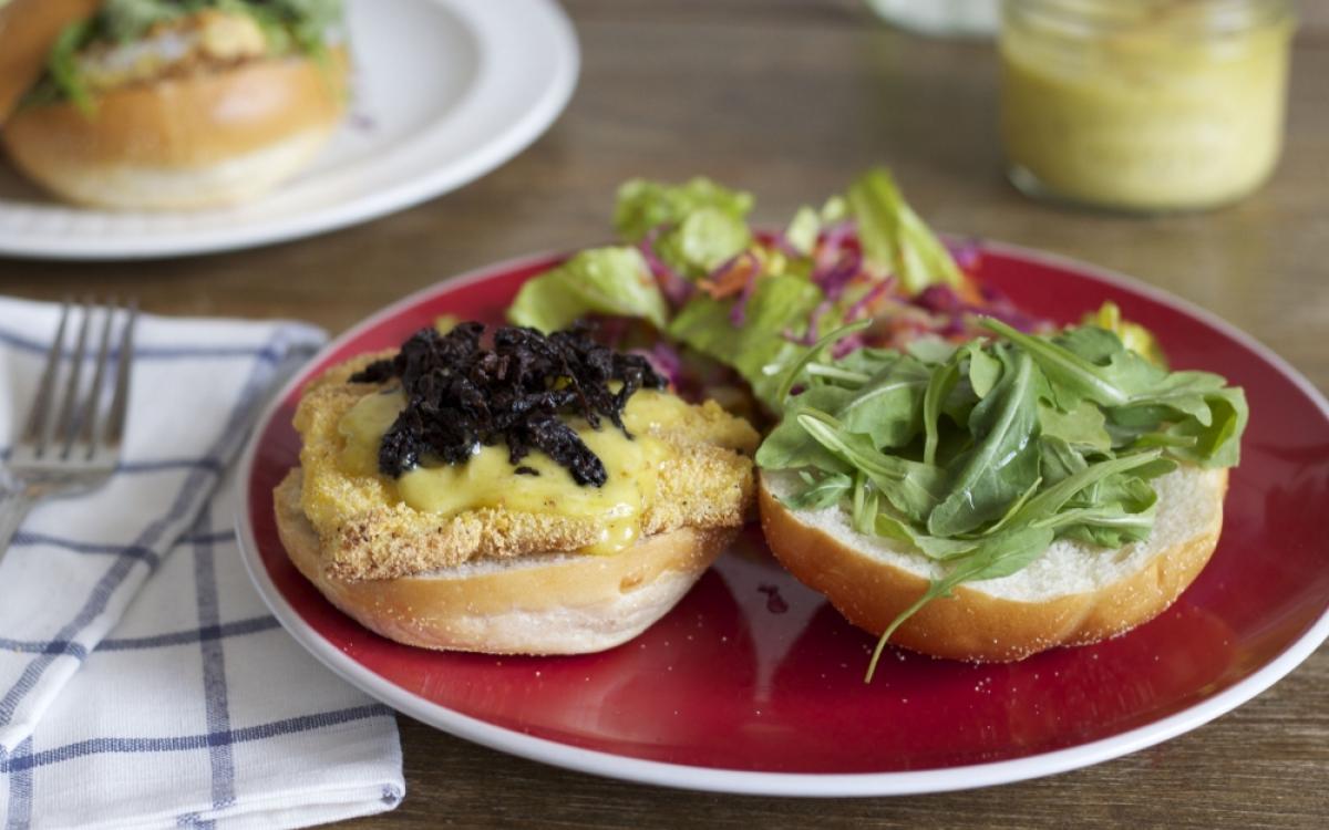 Whitefish burger with juniper aioli, morels and arugula. Photo by Amy Lam