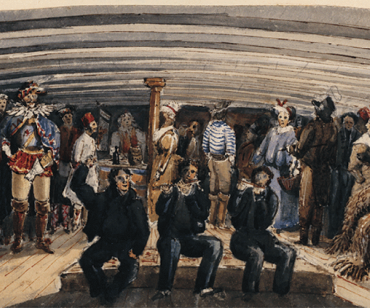 Captain Owen Stanley’s watercolour painting ‘Arctic Amusements’ captures the revelry of Christmas aboard HMS Terror in 1836.