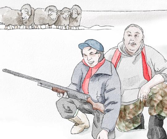 An illustration of Kovalaq and his grandson, kneeling in front of muskox.