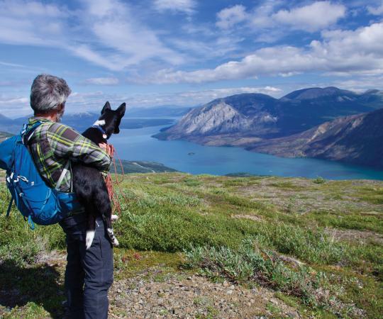 Juniper looks out at rivers and mountains. 