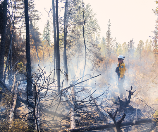 Kiah Vail hoses down a hot spot in the forest near Fort Smith