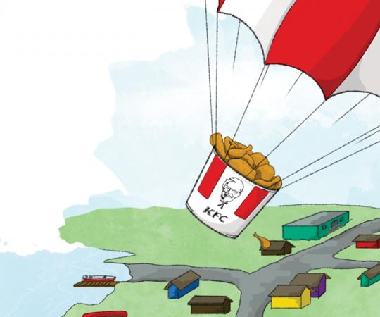 Flying in fast food. Illustration by Beth Covvey