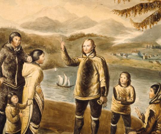 A Moravian missionary meets with Inuit in the mid-1700s outside of Nain, Labrador. Library and Archives Canada, Acc. No. 1986-35-1