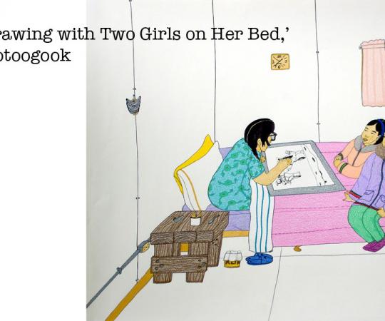 Pitseolak Drawing with Two Girls on Her Bed, 2006 Coloured pencil and ink on paper 51 x 66 cm. Private collection. 