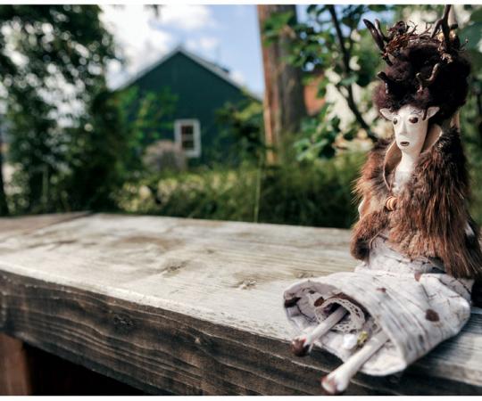 Caribou Girl: her vest is made from beaver fur trapped locally and bought from the Trading Post in Dawson City. Lichen around the antlers was collected from the Dempster Highway. All photos by Hannah Eden