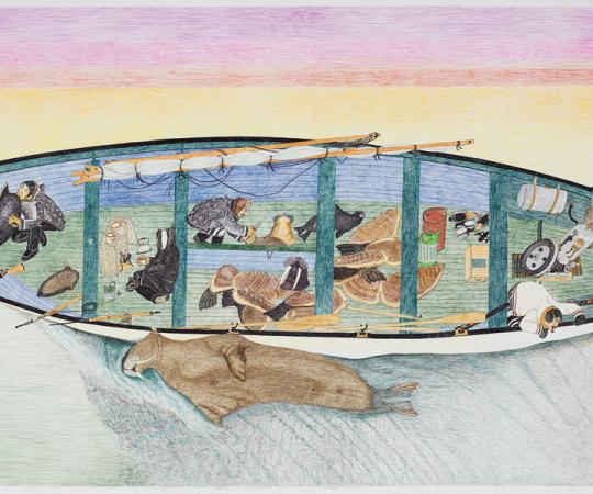 Kananginak Pootoogook, Untitled (Successful Walrus Hunt), 2009. Colored pencil, ink, paper, 48 x 96 in. (121.9x243.8 cm). © Estate of Kananginak Pootoogook. 