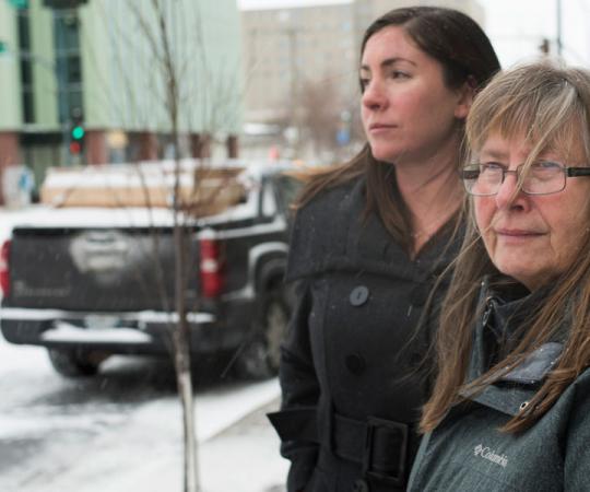 The Yellowknife Women’s Society’s current executive director, Bree Denning, left, and former executive director, Arlene Hache, in downtown Yellowknife. 