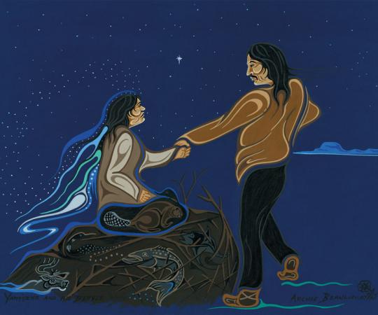 This artwork appears in a children's book, Yamozha and his Beaver Wife, illustrated by Tlicho artist Archie Beaulieu. It's available via Amazon and Theytus Books