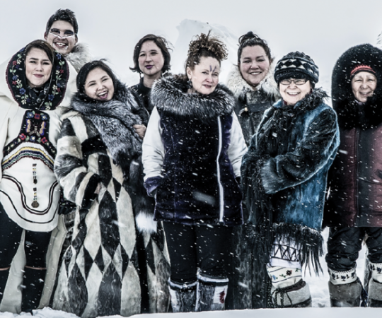 The cast and crew of Kiviuq Returns. The play was performed on theatre stages in southern Canada—and scaled down in school gyms in Nunavut. 
