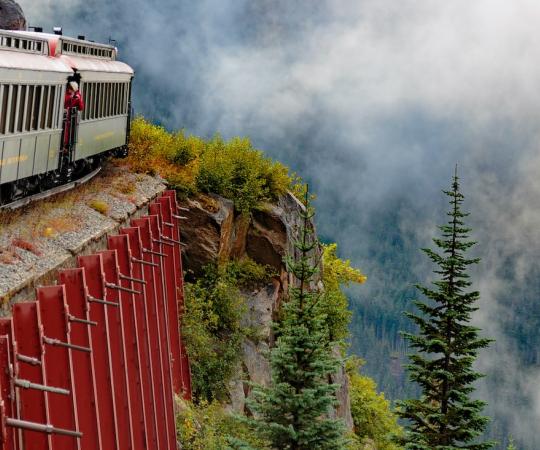 Riding the rails on the White Pass Railway between Skagway and Carcross.